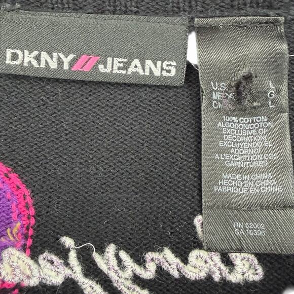 DKNY Jeans Womens Sweater Sz L Slim Fit Black Floral Knit Extra Long Sleeves Y2K - Picture 3 of 10